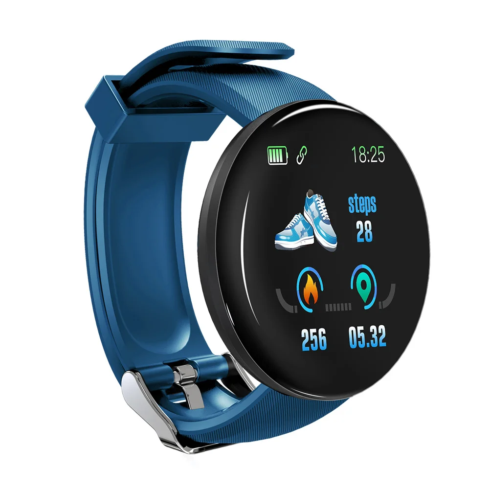 Круглый экран D18 Smartband шаги сердечный ритм кровяное давление кислород Bluetooth калории Смарт-часы браслет для мужчин и женщин - Цвет: Синий