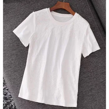 

Summer Women high quality Solid Cotton Short sleeve O-Neck Embroidery Fashion Casual Ms T-shirt