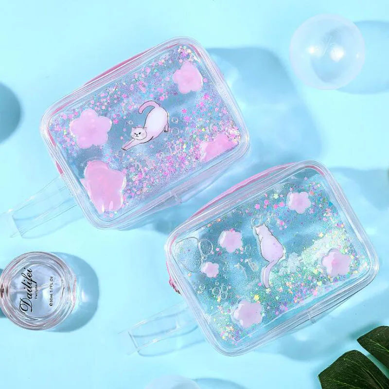 

Pencil Case Cute Cat Quicksand Oil PVC Pencil Box Pencilcase Pencil Bag School Supplies Transparent Window Storage Cosmetic Bag