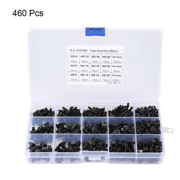 

460PCS M3 M4 M5 Black Hexagon Hex Socket Flat Countersunk Head Screws With Nuts Combination Set Boxed