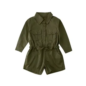 

Summer 1-6Y Toddler Kids Girls Rompers Outfit Army Green Long Sleeve Single Breasted Jumpsuit Overalls Clothes Sets