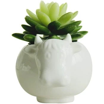 

Cute Animal Cow Shaped Cartoon Ceramic Succulent Cactus Vase Flower Pot with Bamboo Tray (Plant Not Included)