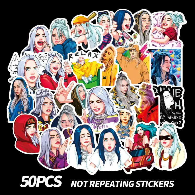

50pcs Waterproof Billie Eilish Cartoon Girl Stickers Skateboard Guitar Suitcase Freezer Graffiti Sticker Kids Classic Toy