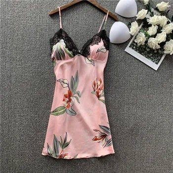 

Satin Nightdress Women Sleepwear Intimate Lingerie Print Flower Nightgown Sexy Kimono Bathrobe Gown Lace Home Clothes Nightwear