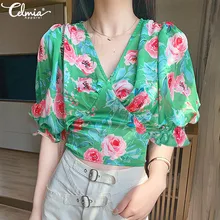 Celmia Vintage Blouses Women Floral Print Short Sleeve Sexy V neck Summer Tunic Tops 2020 Fashion Back Bow Tie Office Lady Shirt