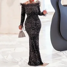 Черное блестящее вечернее платье с пайетками в африканском стиле с перьями, сексуальное женское Макси-платье с открытыми плечами длиной до пола с длинным рукавом