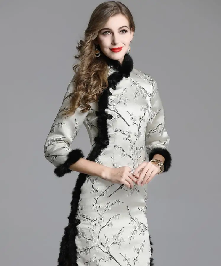Ingenuity зима cheongsam женский осень зима утолщенный хлопок-мягкий теплый хлопок зажим средней длины Ретро Китайский Улучшенный
