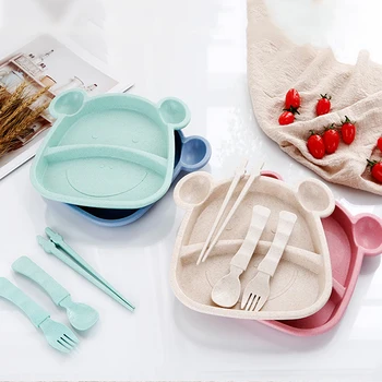 

4Pcs/Set Baby Kid Portable Plate Fork Spoon Chopsticks Tableware Set New Wheat Straw Cartoon Tray Platos Dinnerware For Children