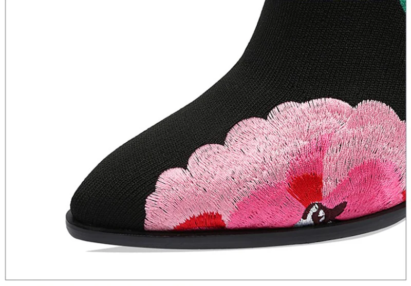 embroidered pointed toe elastic slip on embroidery shoes beige brand stiletto sock flower black metal heel boots knit high women