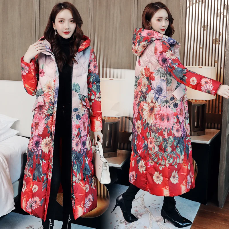 

Retro WOMEN'S Dress Mid-length over-the-Knee Cotton-padded Clothes Women's 2019 New Style Winter Printed Cotton Coat Loose-Fit C
