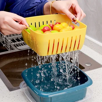 

Double Layer Drain Basket Multi-Functional Square Large Refrigerator Preservation Box Plastic Kitchen Dish Washing Organizer