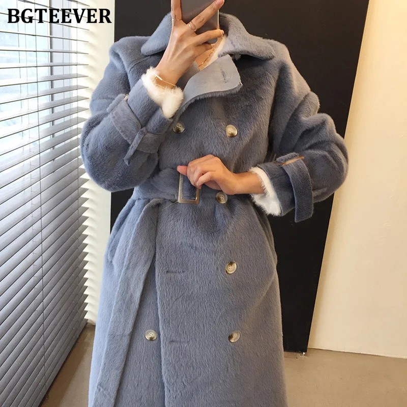 BGTEEVER двубортное женское плотное пальто из искусственного меха Элегантное зимнее бархатное теплое женское длинное пальто Модная женская куртка - Цвет: blue