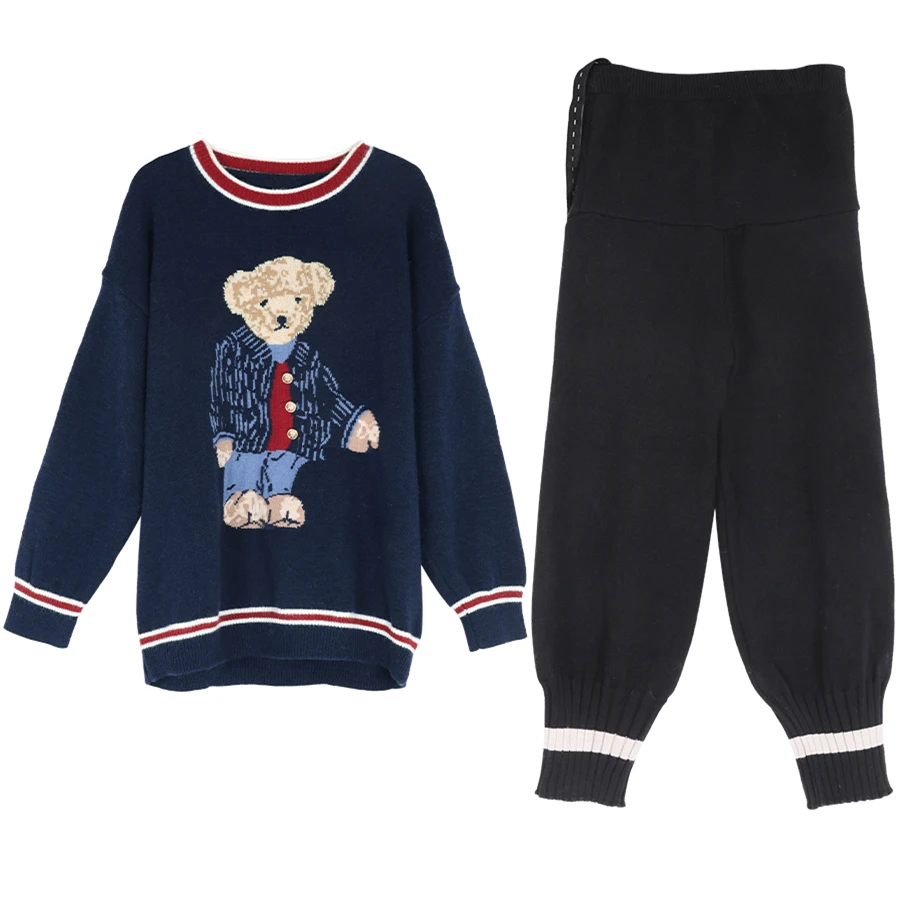 

Thick Knitted Women 2 Piece Sets Fall Winter Cute Cartoon Embroidery Bear Sweater&Wide Leg Pants Ladies Casual Knitwear Outfits