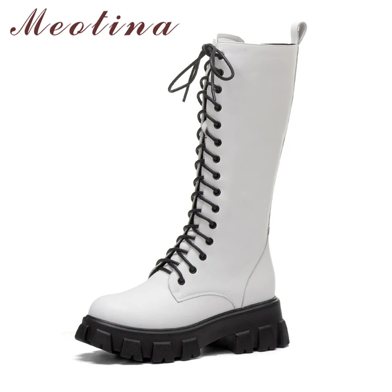 

Meotina Motorcycle Boots Women Shoes Real Leather Platform High Heel Mid Calf Boots Zip Thick Heels Lace Up Lady Boots Black 40