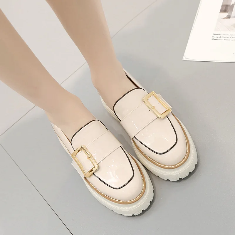 

2019 Spring Square Buckle round-Toe Thick Bottomed Platform Shoes Japanese-style Versatile Deep Mouth Slanted Heel Shoes Elevato