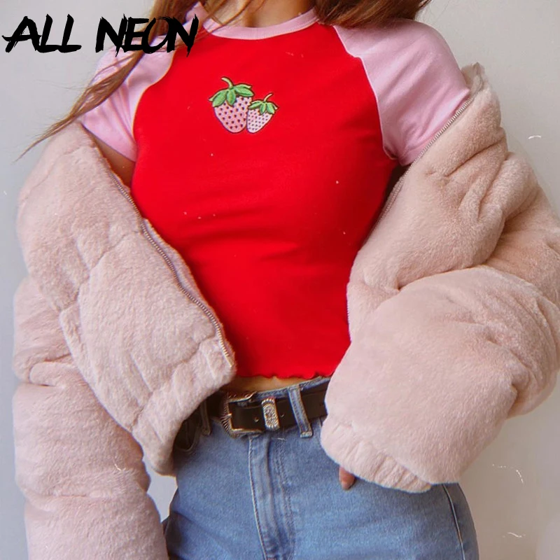 ALLNeon Sweet Strawberry Embroidery Front Crop Tops E-girl O-neck Short Sleeve Patchwork Red T-shirts Fashion Summer Kawaii Tees
