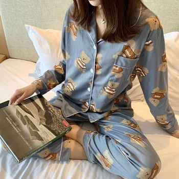 

Women's Pajamas Sets With Flower Print Luxury Female Faux Silk Two Pieces Shirts + Pants Nighties Sleepwear Autumn Winter Pajama