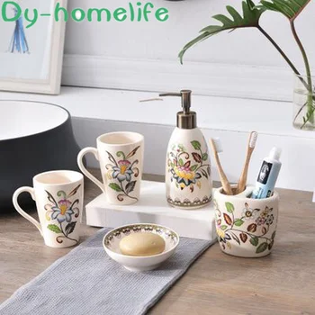 

European Creative Butterfly Flower Ice Crack Ceramic Family Bathroom Wash Set of 5 Star Hotel Supporting Bathroom Set Supplies