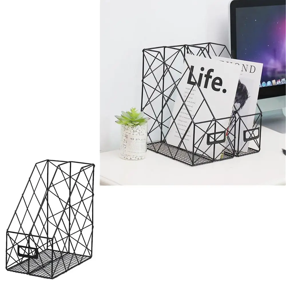 

Double Grid Wrought Iron Storage Rack Desktop Newspaper Magazine Storage Organizer Home Office Storage File Management Rack