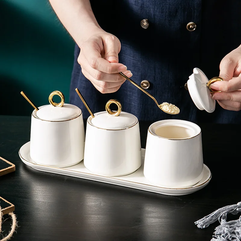 

Exquisite Ceramic Seasoning Pot Set Kitchen Storage Supplies Household Seasoning Box Seasoning Box With Lid Salt Shaker Spoon