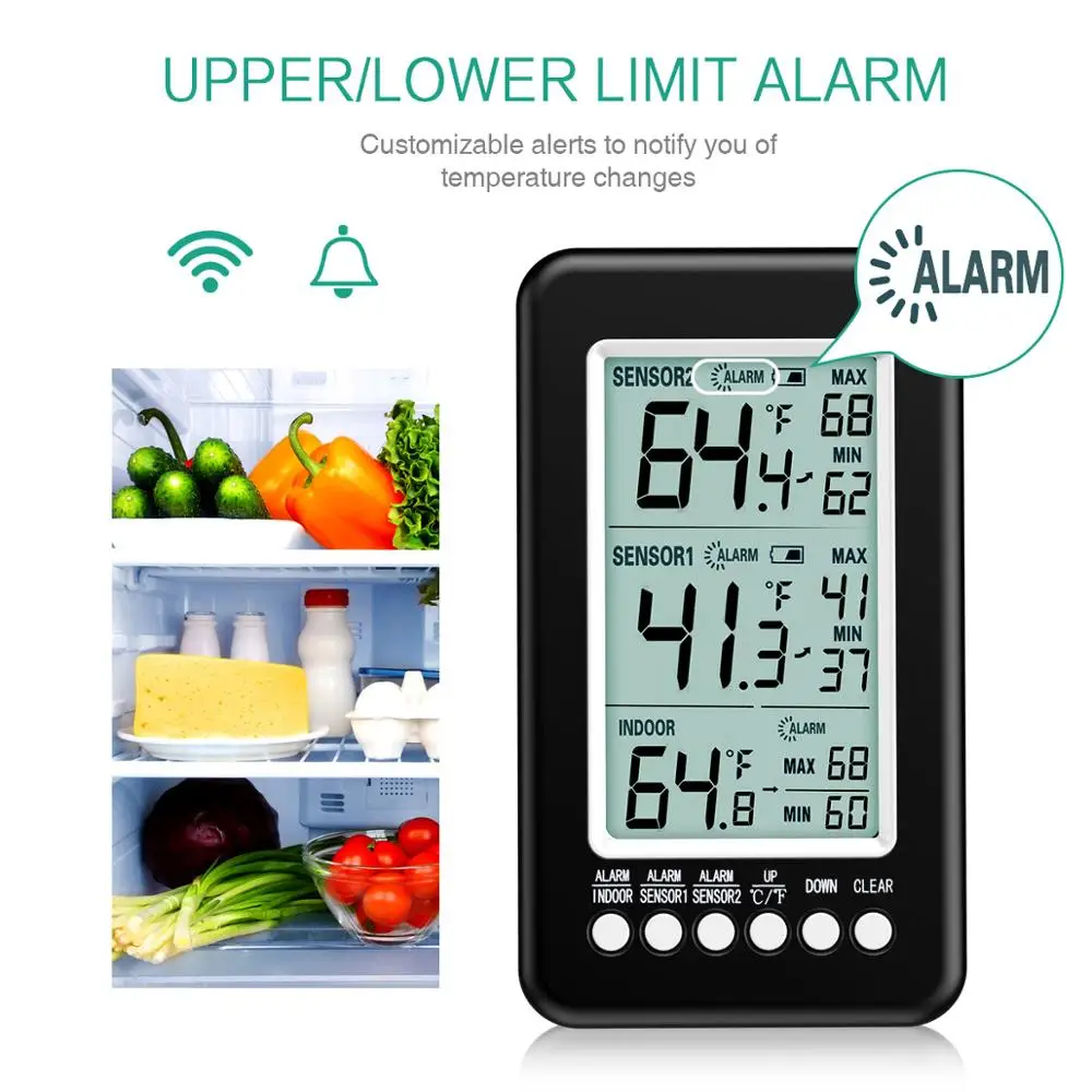 ORIA Refrigerator Thermometer 2 Wireless Sensors Indoor Outdoor Thermometer Digital Freezer Thermometer Audible Alarm 2