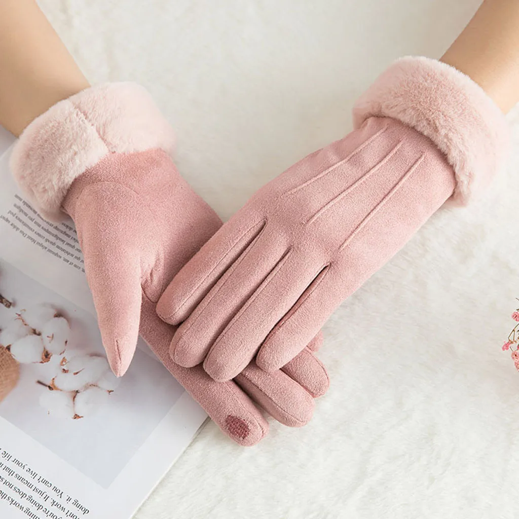 

Korean Women Full Fingers Faux Suede Warm Gloves Touch Screen Winter Mittens Mittens Driving Ski Riding Windproof Gloves