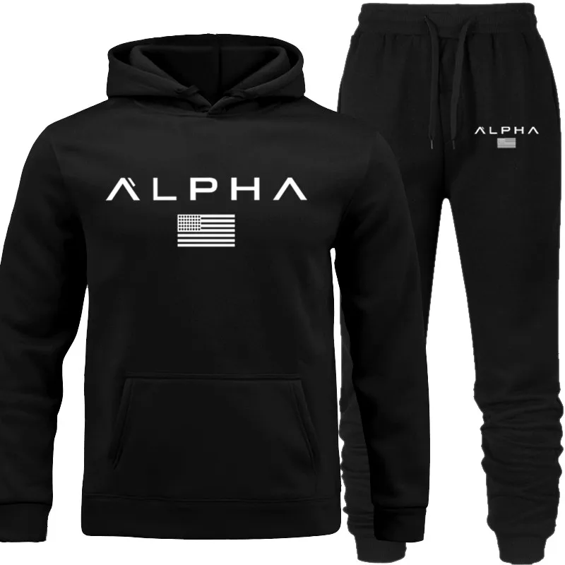 

ALPHA Tracksuit Men's Hoodies Hip-Hop with Pocket Set Autumn Out Fitness Sports Wear Winter Underwear All-match Street Style