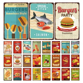

Hamburger Hot Dog Vintage Metal Sign Fast Food Wall Art Plaque Kitchen Cafe Restaurant Home Decoration Retro Poster Wall Sticker