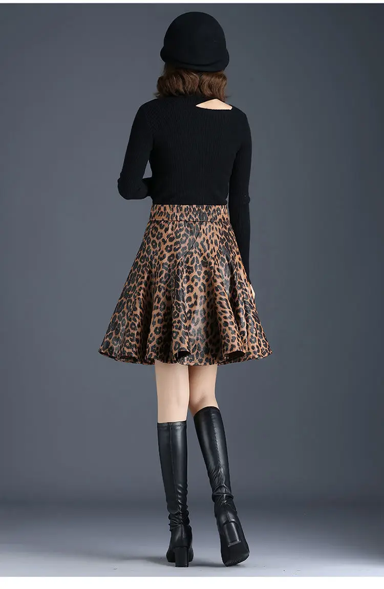 Women Autumn Winter New Short Leopard Print Skirts Female PU Leather Pleated Skirts Ladies High Waist A-line Mini Skirts T866 long skirts