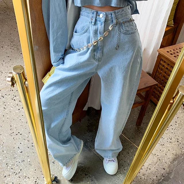 

Large size pants high waist straight tube show thin wide leg jeans pants high waist overlength jeans pants trousers