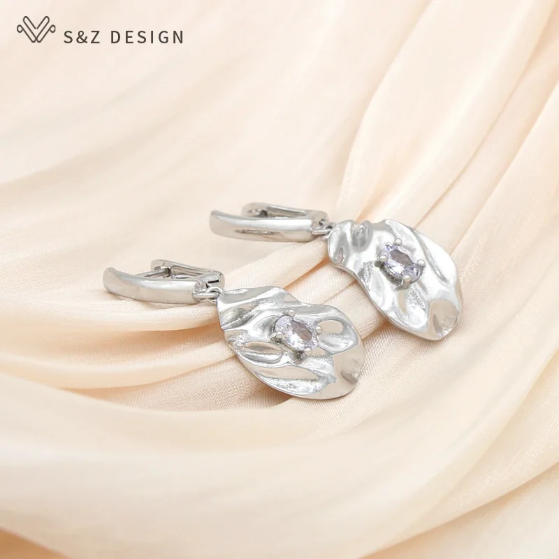 S&Z DESIGN New Fashion Geometric 585 Rose Gold Color Natural Zircon Dangle Earrings For Women Wedding Party Jewelry Gift