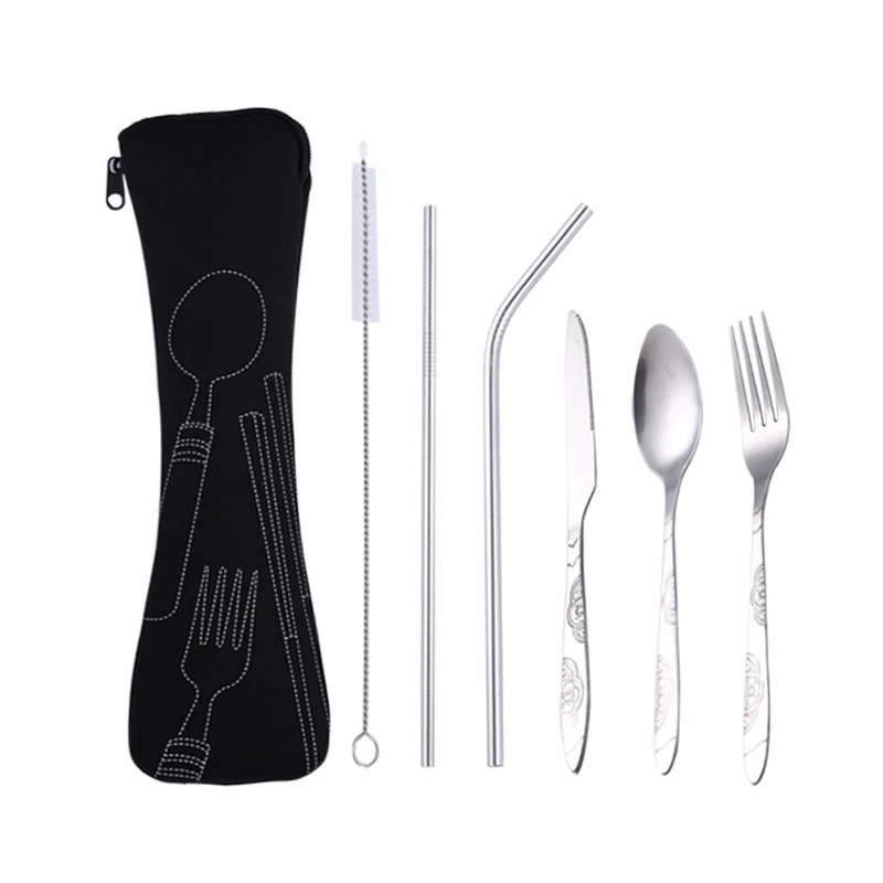 Hifuar 6Pcs/set Portable Stainless Steel Flatware Set Flower Fork Dinner Tableware Set Cutlery Case Kit Camping Travel Utensils