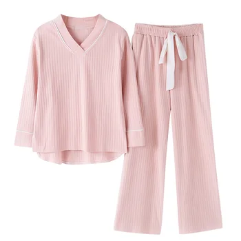 

2 Pieces Pajamas For Women Wide Leg Pants Cotton Long Sleeve Spring SLeepwear Casual Pajamas Set Female Big Size Home Service