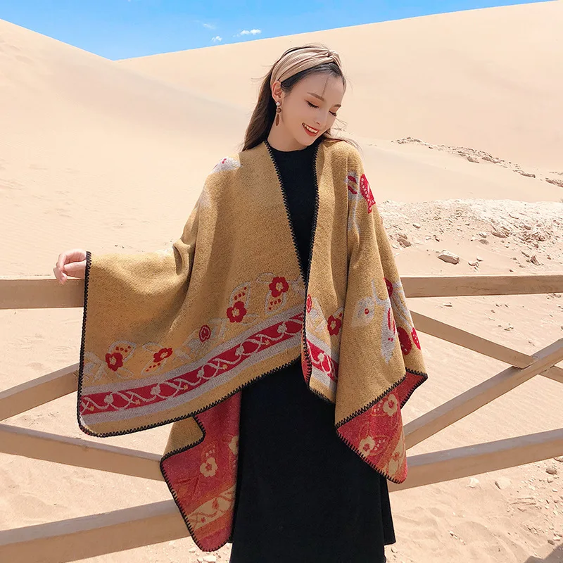 Imitation Cashmere Oversized Print Flower Poncho Scarf Women Scarves Mantle Autumn Winter Thick Warm Cloak Outdoor Cape Shawl