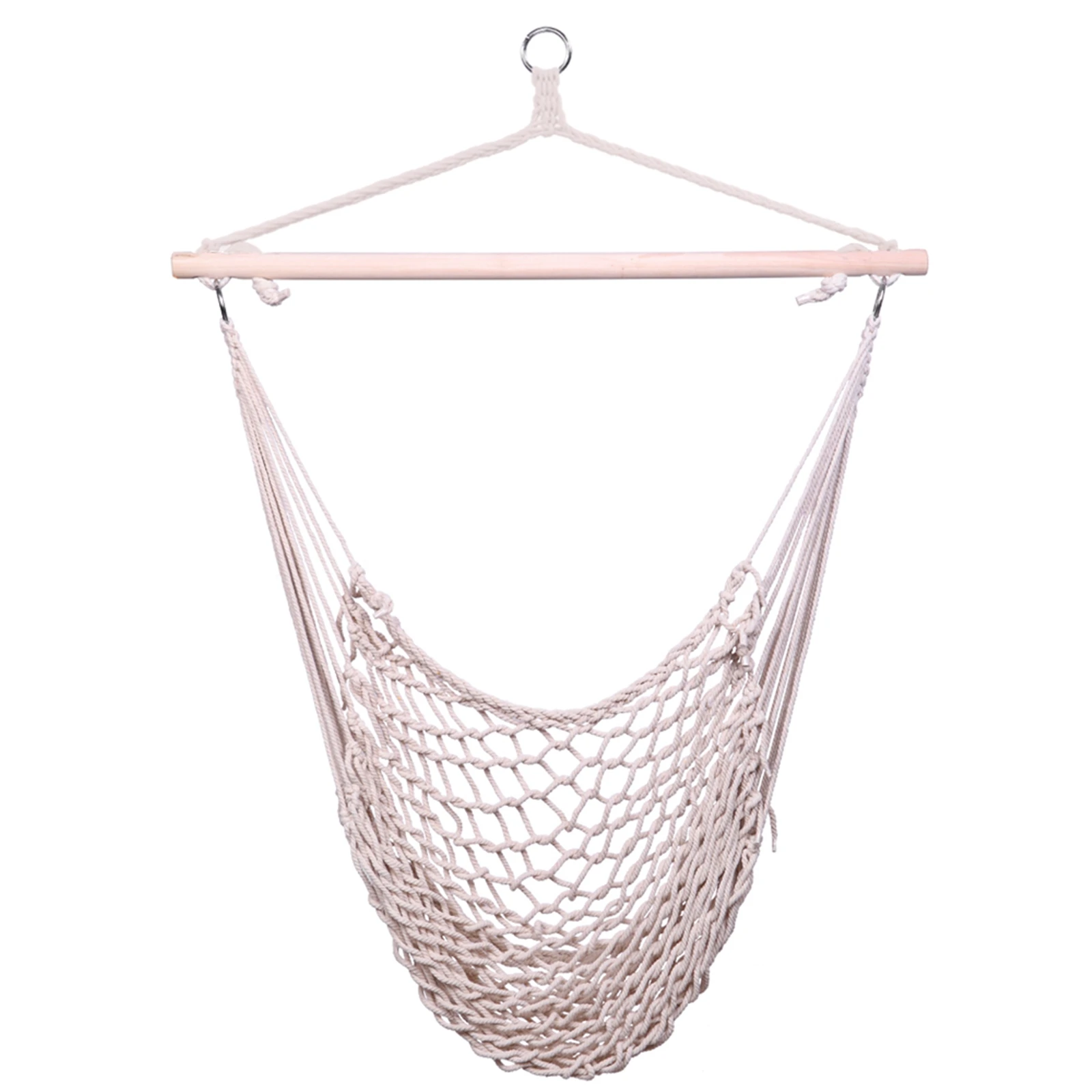 Cotton Rope Net Hammock Chair Set with Wooden Stick Beige Bohemia Style Hanging Hook Safety Bedroom Garden Tree Hanging Seats