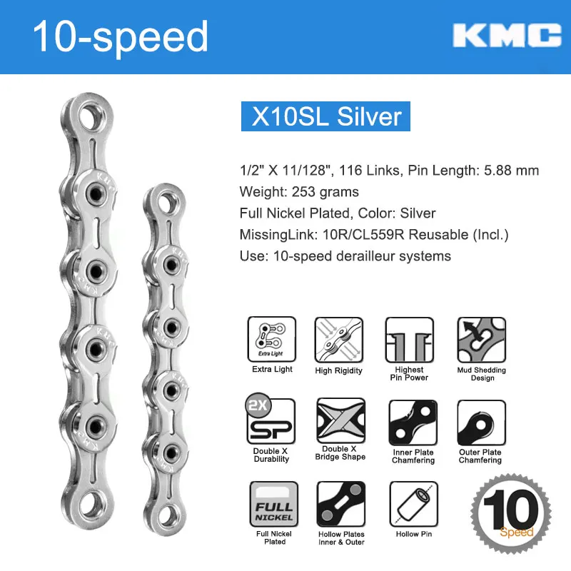 KMC инструмент для демонтажа цепи велосипеда(X-EL X-SL серии 9/10/11/12 Скорость х мостовых высокая производительность света Вес тренировочный гоночный W/ MissingLi - Цвет: X10SLSV Extra 1 Link