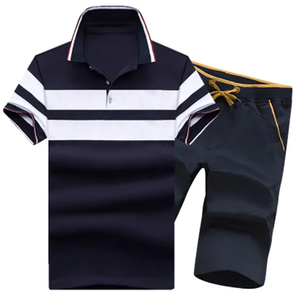 TZ1711 dark blue set Aismz Летняя Повседневная рубашка поло, спортивный костюм, Мужская модная рубашка поло с коротким рукавом+ шорты, комплект из 2 предметов, спортивный костюм, мужская спортивная одежда, M-4XL - Цвет: TZ1711 dark blue set