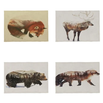 

Fashion Animal Scenery Cloth Tablecloth Fox Forest Wolf Mountain Deer Snow Bear Table Cloth Polyester Linen Tablecloth Set A