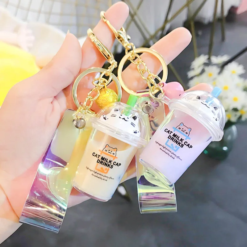 Cartoon Cute Cat Car Keychain Creative Milk Tea Cup Liquid Crystal Quicksand Sequin Key Ring Bag Pendant for Women Chain | Украшения и
