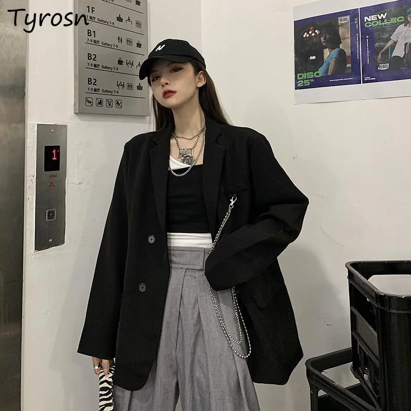 

Long Blazers Women Black Hip Hop Fashion Loose All-match Chic New Solid Simple Streetwear Korean Style Casual Outerwear Couples