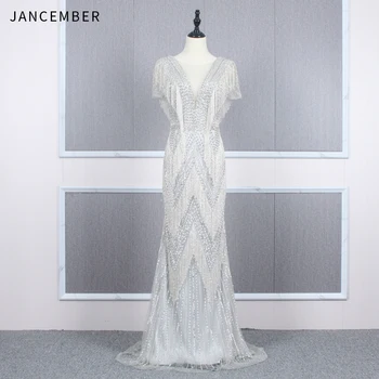 

YY202 JANCEMBER 2020 formal dress women elegant v-neck short sleeve tassel backless luxury mermaid dress вечернее платье женское
