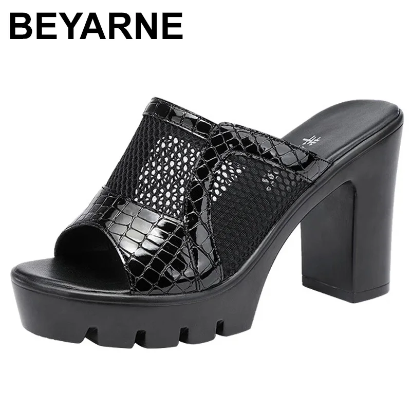 

BEYARNEPatent-leather fish-mouth high-heeled slippers 10cm Women Shoes Summer Open Head High Heels Slides OL Office 32--43