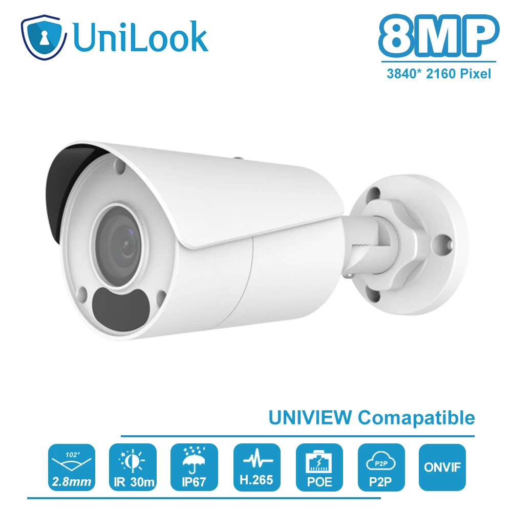 Uniview (Hikvision совместимый) 8MP Пуля IP камера PoE Onvif дома/наружного видеонаблюдения