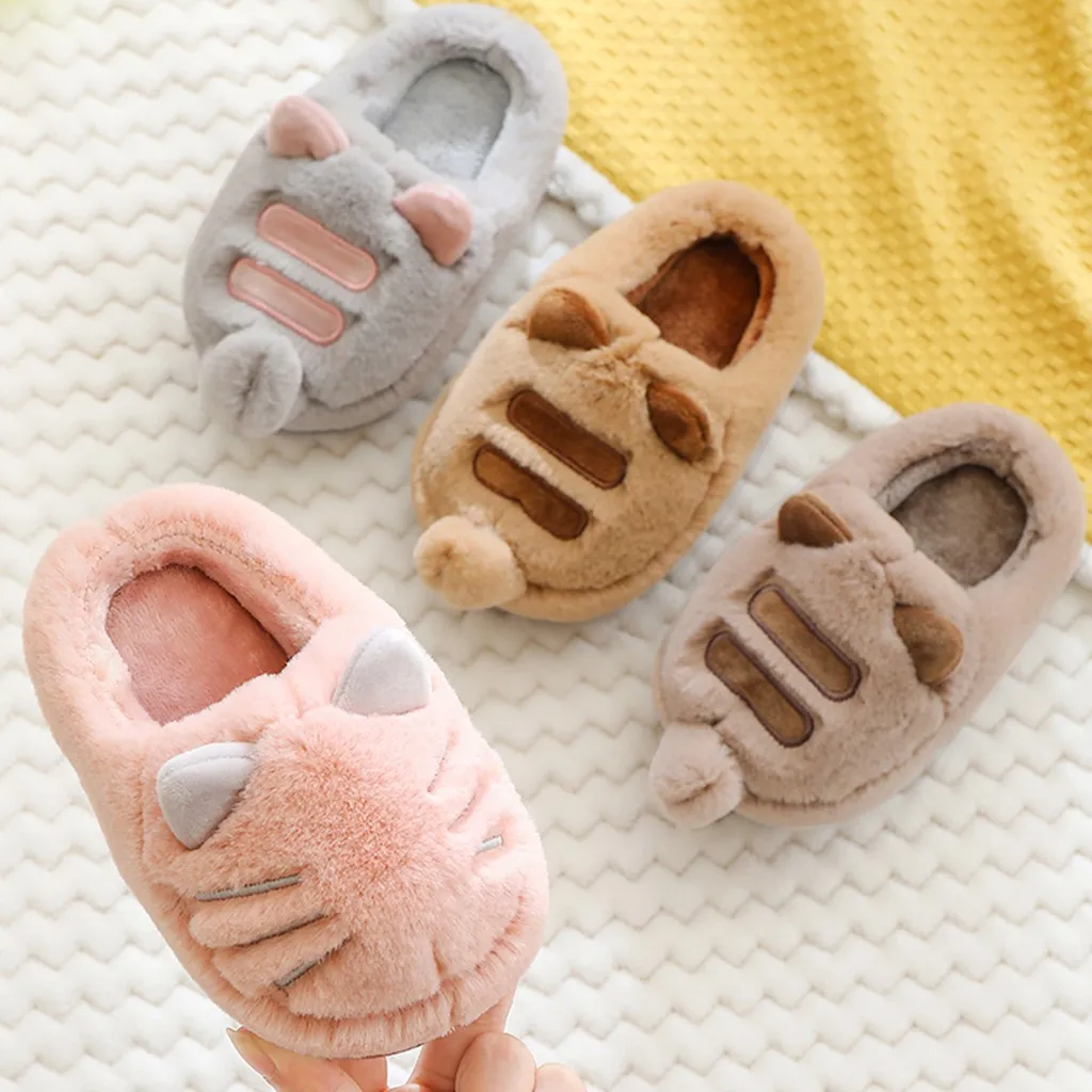 Children Kids Baby Girls Boys Toddler Slippers Cute Indoor Cat Flock Winter Warm Shoes Warm Plush Slippers Home Chausson Enfant