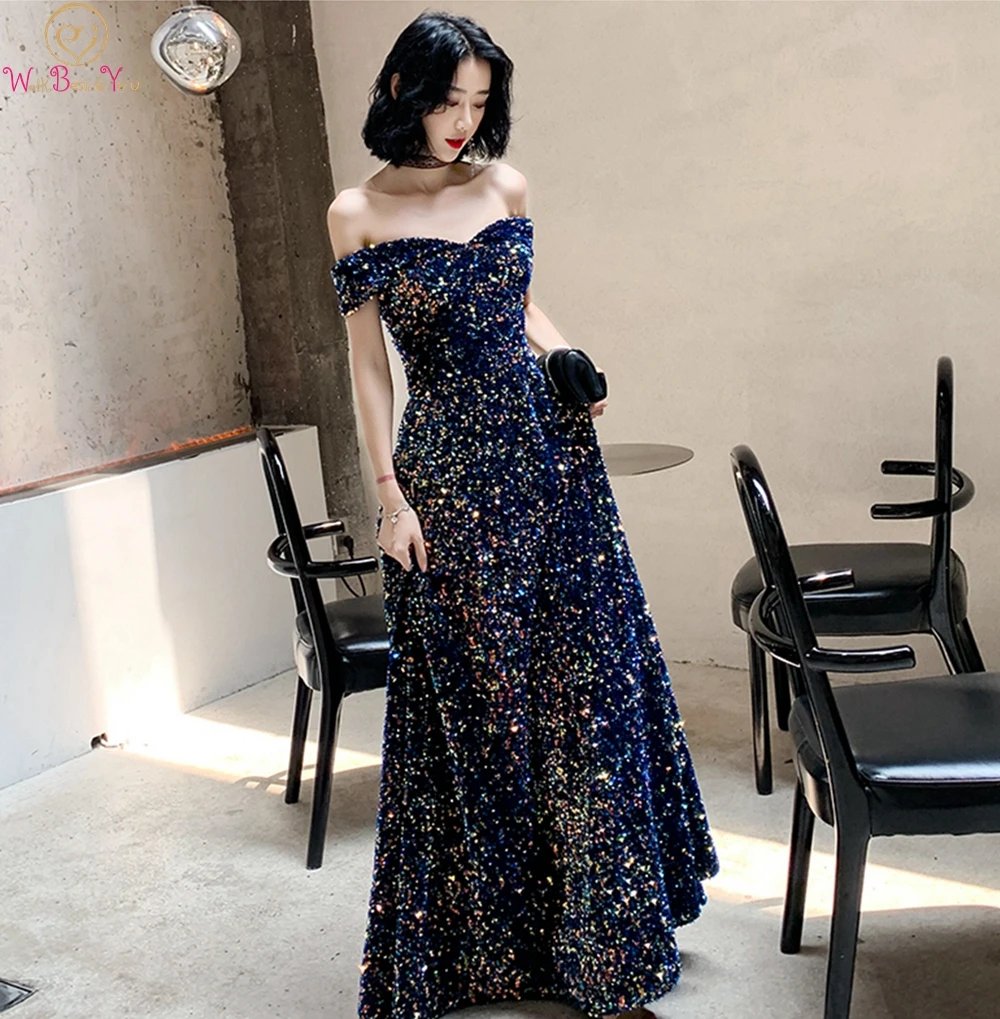 Темно-синие вечерние платья с открытыми плечами, новинка, с блестками, вырез лодочкой, abendkleider, вечерние длинные платья для выпускного вечера, robe de soiree