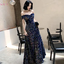 Темно-синие вечерние платья с открытыми плечами, новинка, с блестками, вырез лодочкой, abendkleider, вечерние длинные платья для выпускного вечера, robe de soiree