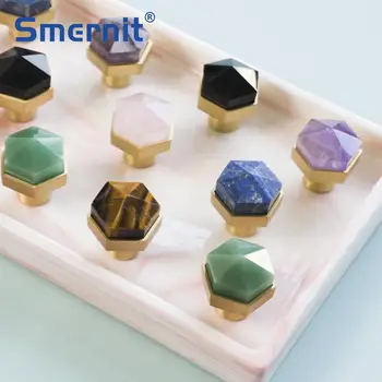

5pcs Brass + Natural Crystal Furniture Knobs and Handles for Cabinet Hexagonal Kitchen Cupboard Door Handles Copper Drawer Pulls