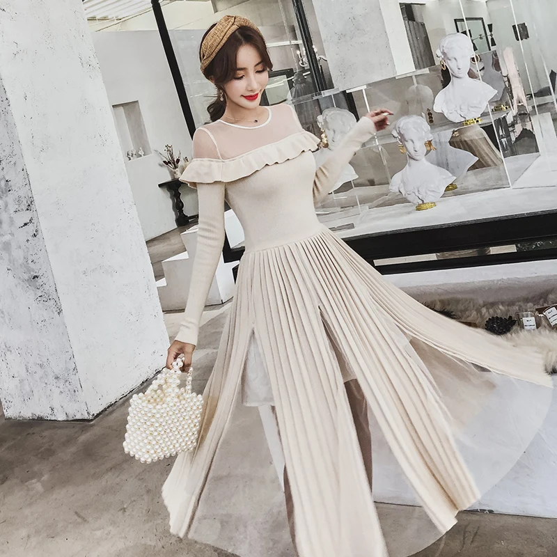

HAMALIEL High Quality Women Knitted Pleated Dress Elegant Autumn Winter Full Sleeve Patchwork Mesh Slim Ruffles Long Swing Dress