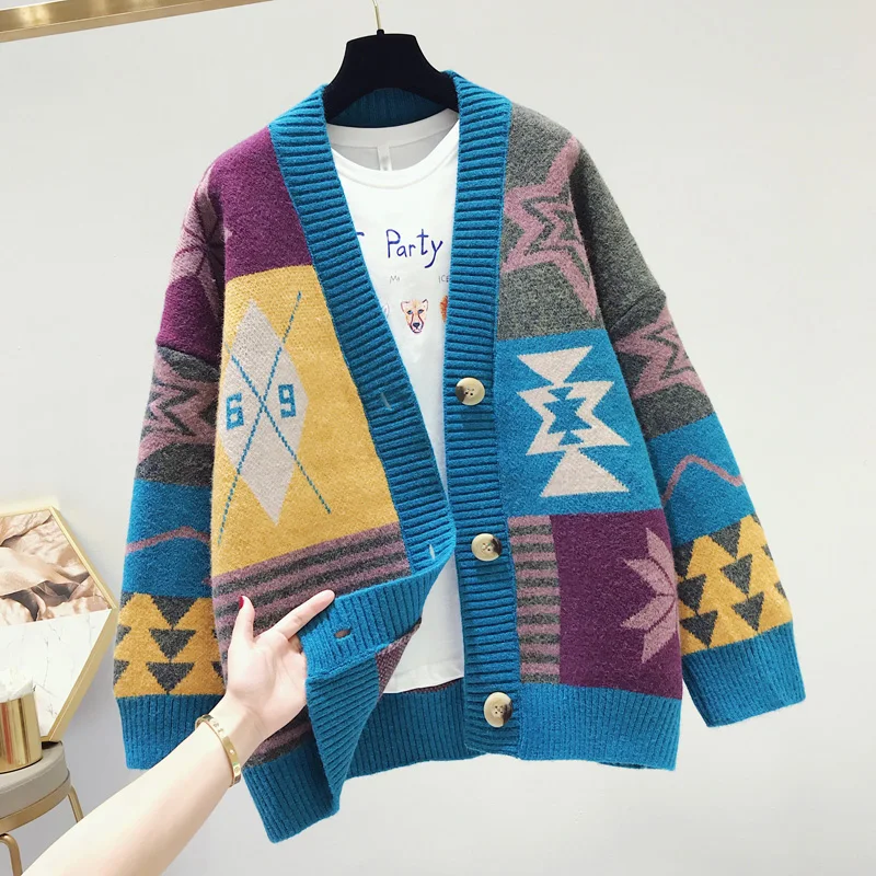 blue Женский винтажный кардиган с пуговицами, Красный Клетчатый большой свитер с длинным рукавом и v-образным вырезом - Цвет: blue