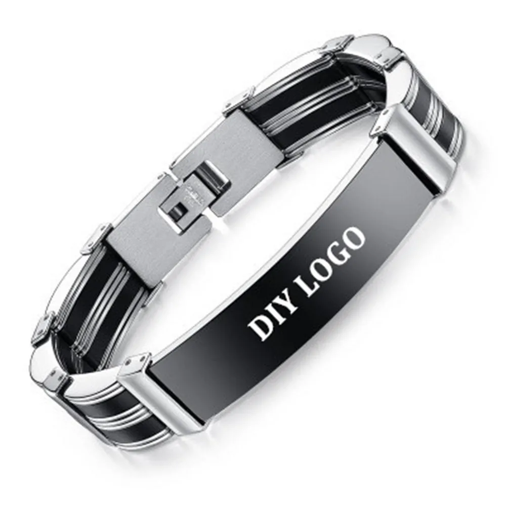 Engrave Name Fashion and Simple Men's Titanium Steel with Silicone Bracelet Personalized DIY LOGO Laser Bracelets Bangle Jewelry |
